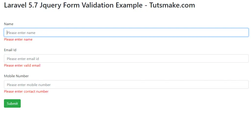 form validation using jquery laravel 5.7
