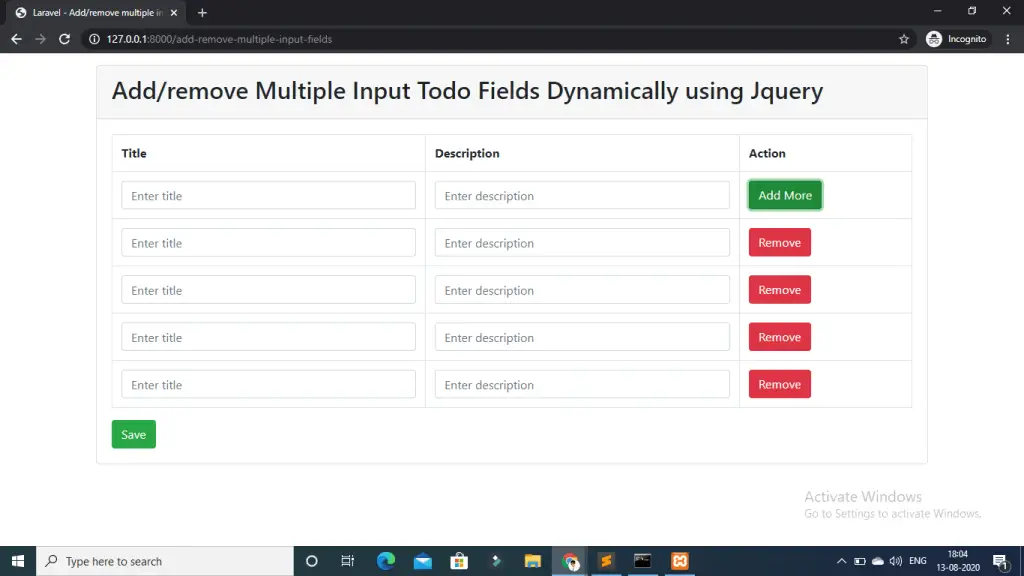 add/remove multiple input fields dynamically with jquery laravel